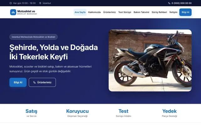 Klasik Lacivert Mavi – Motosiklet ve Bisiklet Web Sitesi ana sayfa görünümü