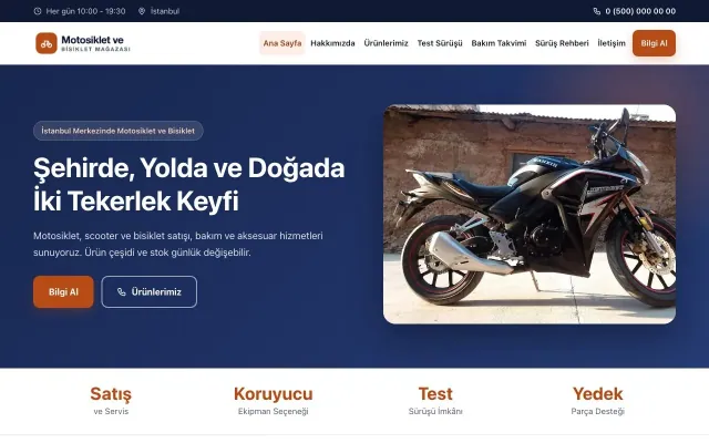 Klasik Mavi Turuncu – Motosiklet ve Bisiklet Web Sitesi ana sayfa görünümü