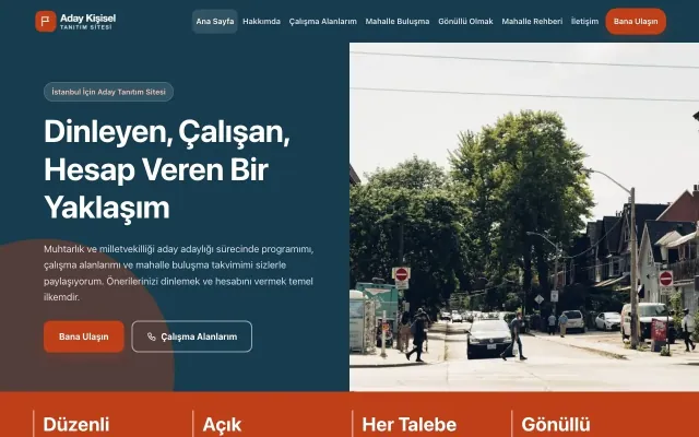Muhtar ve Milletvekili Adayı için Blok Mavi Turuncu – Muhtar ve Milletvekili Adayı Web Sitesi ana sayfa görünümü