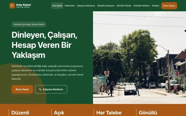 Muhtar ve Milletvekili Adayı için Blok Yeşil Turuncu – Muhtar ve Milletvekili Adayı Web Sitesi ana sayfa görünümü