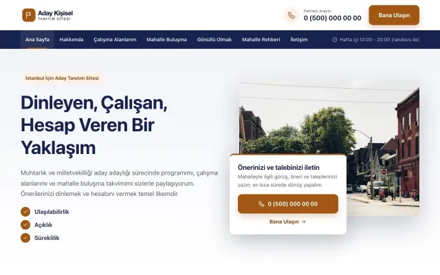Muhtar ve Milletvekili Adayı için Bölünmüş Lacivert Turuncu – Muhtar ve Milletvekili Adayı Web Sitesi ana sayfa görünümü