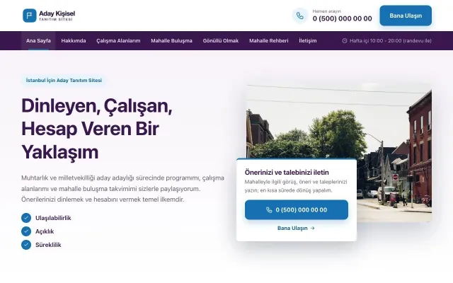 Muhtar ve Milletvekili Adayı için Bölünmüş Mor Mavi – Muhtar ve Milletvekili Adayı Web Sitesi ana sayfa görünümü