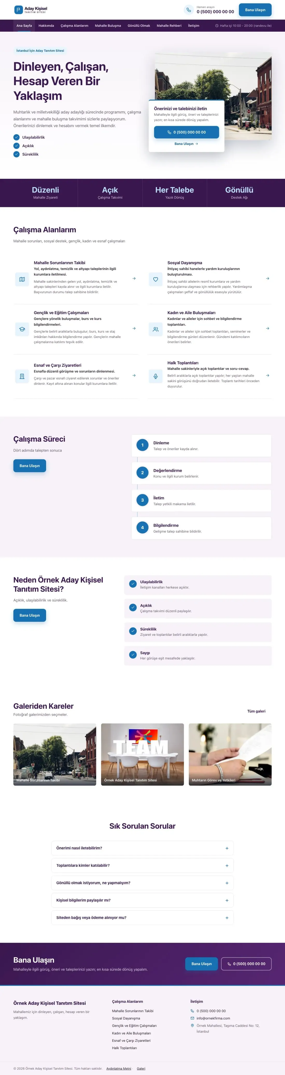 Muhtar ve Milletvekili Adayı için Bölünmüş Mor Mavi – Muhtar ve Milletvekili Adayı Web Sitesi ana sayfa görünümü