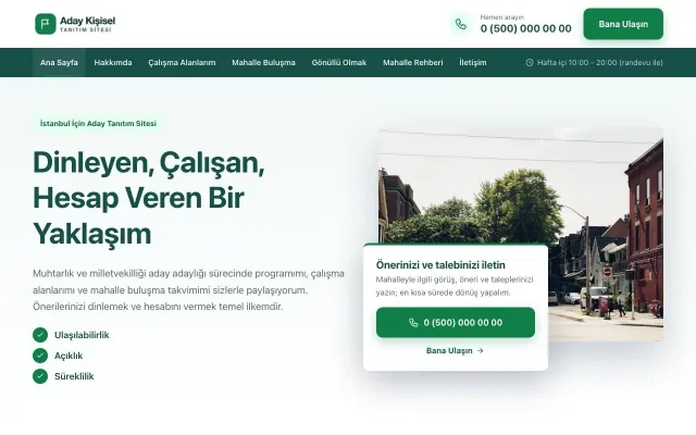 Muhtar ve Milletvekili Adayı için Bölünmüş Petrol Yeşil – Muhtar ve Milletvekili Adayı Web Sitesi ana sayfa görünümü