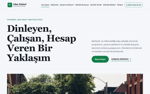 Muhtar ve Milletvekili Adayı için Dergi Editoryal Lacivert Yeşil – Muhtar ve Milletvekili Adayı Web Sitesi ana sayfa görünümü