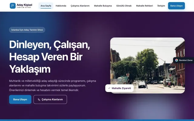 Muhtar ve Milletvekili Adayı için Hareketli Mor Mavi – Muhtar ve Milletvekili Adayı Web Sitesi ana sayfa görünümü