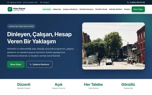 Muhtar ve Milletvekili Adayı için Klasik Mavi Yeşil – Muhtar ve Milletvekili Adayı Web Sitesi ana sayfa görünümü