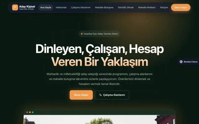 Muhtar ve Milletvekili Adayı için Koyu Modern Yeşil Turuncu – Muhtar ve Milletvekili Adayı Web Sitesi ana sayfa görünümü