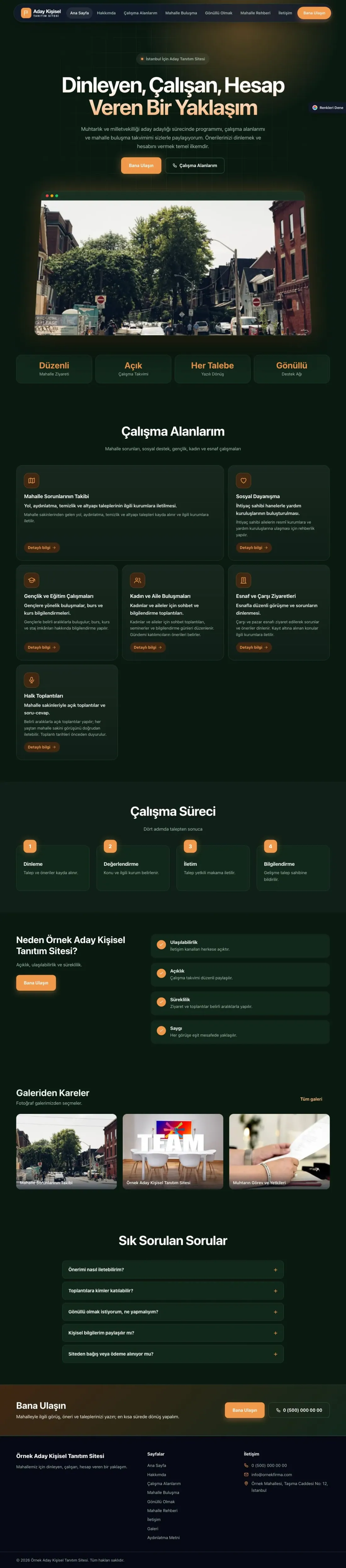 Muhtar ve Milletvekili Adayı için Koyu Modern Yeşil Turuncu – Muhtar ve Milletvekili Adayı Web Sitesi ana sayfa görünümü