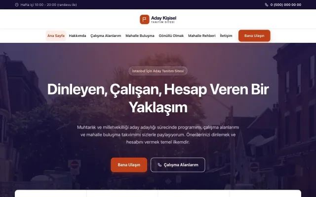 Muhtar ve Milletvekili Adayı için Merkez Lacivert Turuncu – Muhtar ve Milletvekili Adayı Web Sitesi ana sayfa görünümü