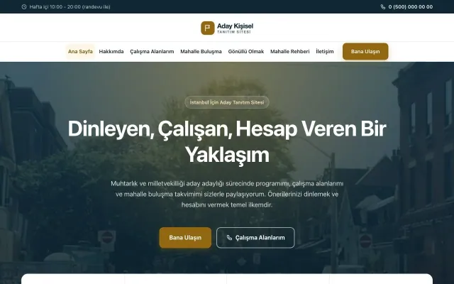 Muhtar ve Milletvekili Adayı için Merkez Mavi Amber – Muhtar ve Milletvekili Adayı Web Sitesi ana sayfa görünümü