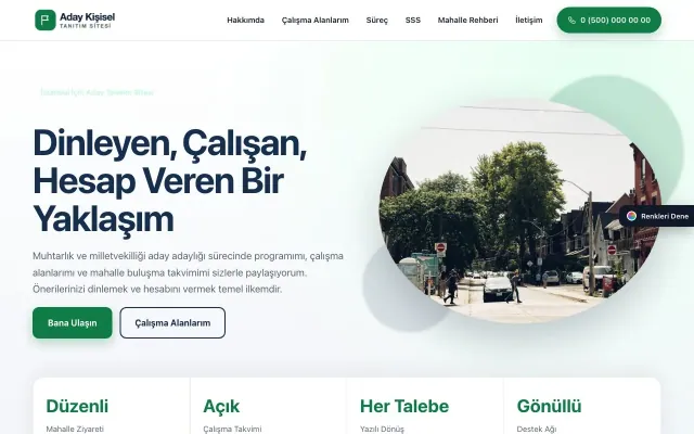 Muhtar ve Milletvekili Adayı için Tek Sayfa Mavi Yeşil – Muhtar ve Milletvekili Adayı Web Sitesi ana sayfa görünümü