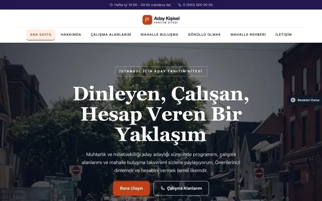 Muhtar ve Milletvekili Adayı için Zigzag Lacivert Turuncu – Muhtar ve Milletvekili Adayı Web Sitesi ana sayfa görünümü