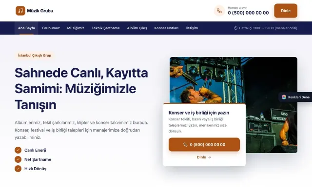 Müzik Grubu ve Albüm Tanıtımı için Bölünmüş Lacivert Turuncu – Müzik Grubu ve Albüm Tanıtımı Web Sitesi ana sayfa görünümü