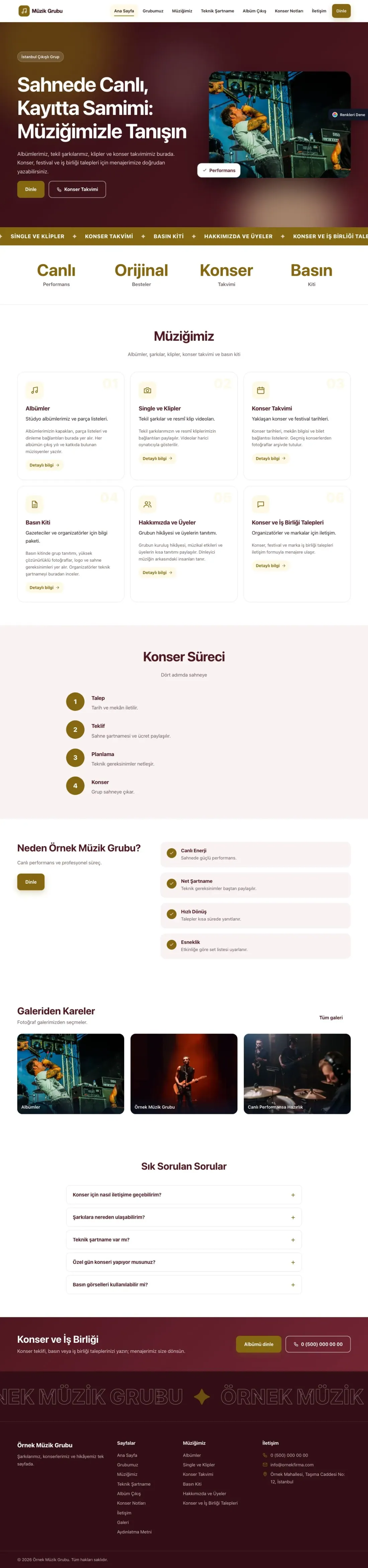 Müzik Grubu ve Albüm Tanıtımı için Hareketli Bordo Amber – Müzik Grubu ve Albüm Tanıtımı Web Sitesi ana sayfa görünümü