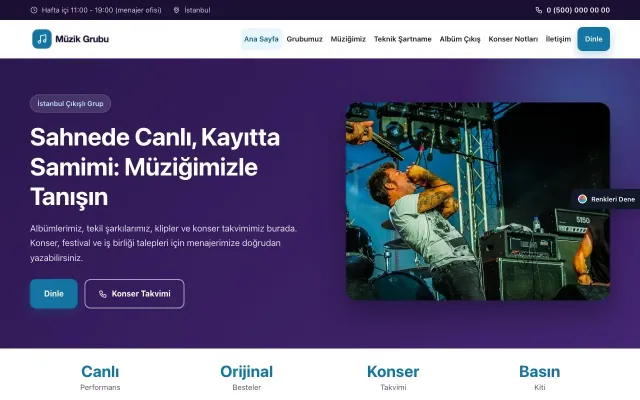 Müzik Grubu ve Albüm Tanıtımı için Klasik Mor Mavi – Müzik Grubu ve Albüm Tanıtımı Web Sitesi ana sayfa görünümü