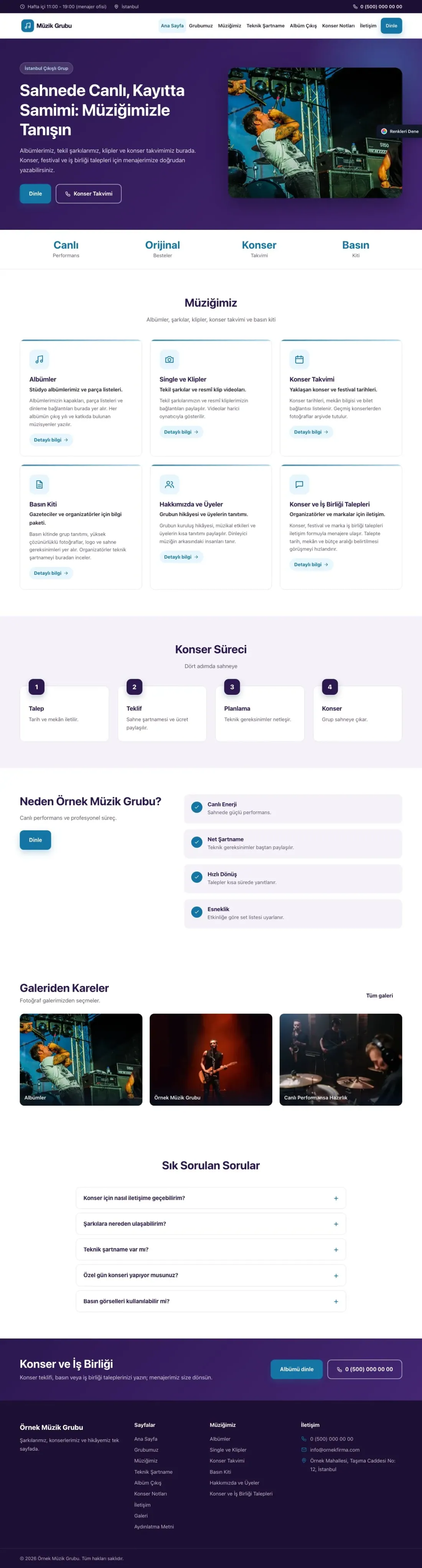 Müzik Grubu ve Albüm Tanıtımı için Klasik Mor Mavi – Müzik Grubu ve Albüm Tanıtımı Web Sitesi ana sayfa görünümü