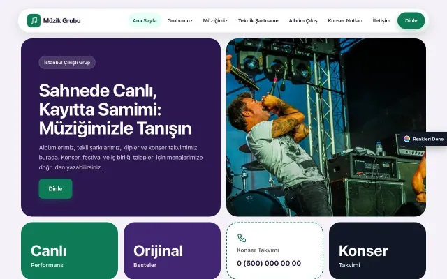 Müzik Grubu ve Albüm Tanıtımı için Mozaik Mor Turkuaz – Müzik Grubu ve Albüm Tanıtımı Web Sitesi ana sayfa görünümü