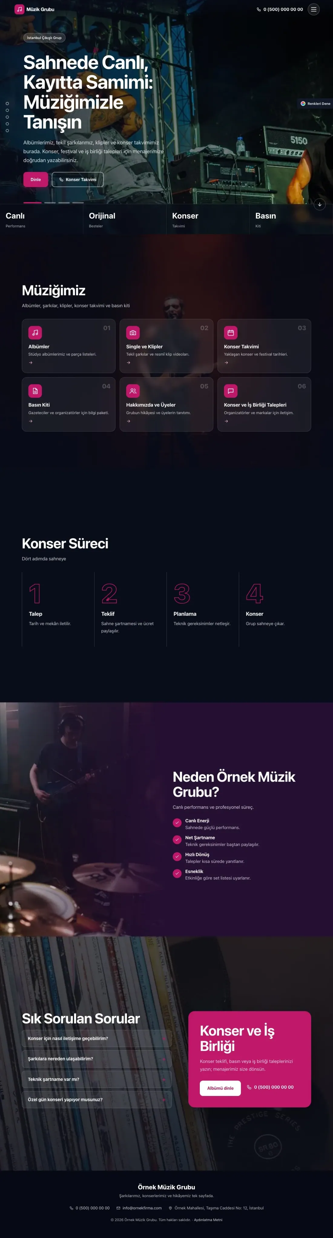 Müzik Grubu ve Albüm Tanıtımı için Tam Ekran Mor Pembe – Müzik Grubu ve Albüm Tanıtımı Web Sitesi ana sayfa görünümü