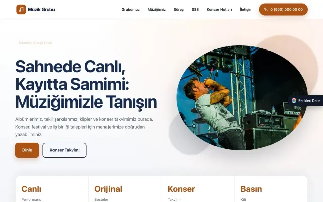 Müzik Grubu ve Albüm Tanıtımı için Tek Sayfa Mavi Turuncu – Müzik Grubu ve Albüm Tanıtımı Web Sitesi ana sayfa görünümü