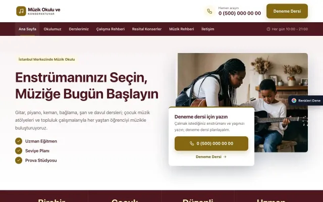 Müzik Okulu ve Konservatuvar için Bölünmüş Bordo Amber – Müzik Okulu ve Konservatuvar Web Sitesi ana sayfa görünümü