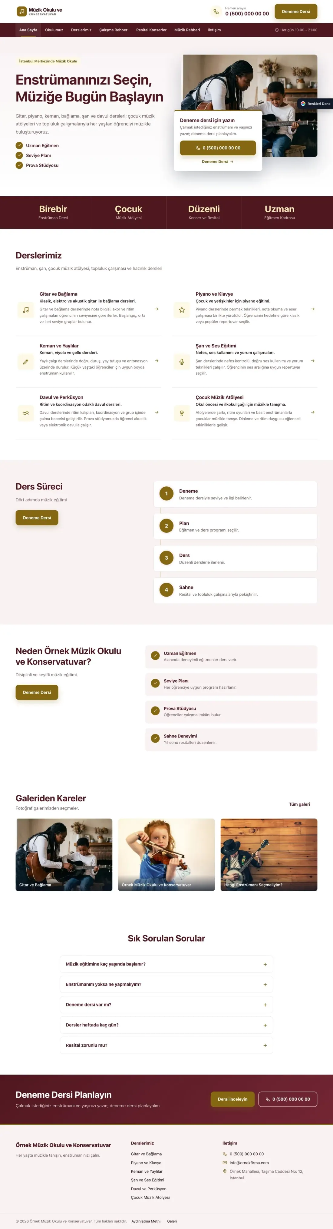 Müzik Okulu ve Konservatuvar için Bölünmüş Bordo Amber – Müzik Okulu ve Konservatuvar Web Sitesi ana sayfa görünümü