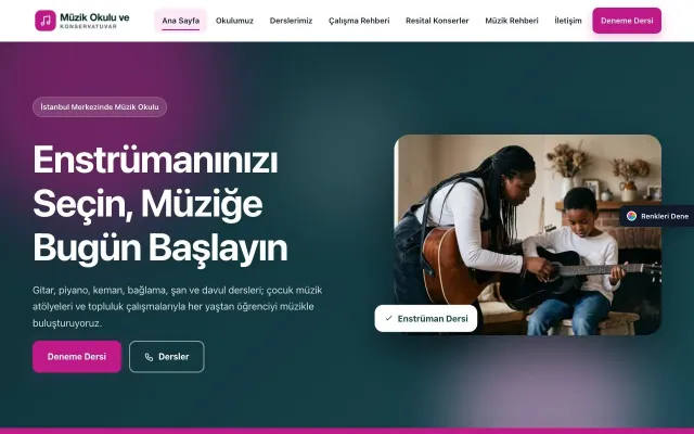 Müzik Okulu ve Konservatuvar için Hareketli Petrol Pembe – Müzik Okulu ve Konservatuvar Web Sitesi ana sayfa görünümü
