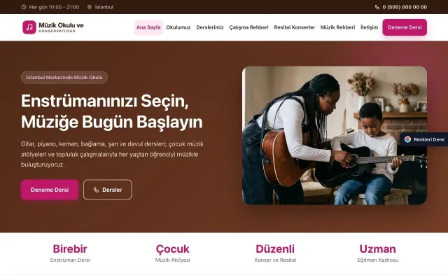 Müzik Okulu ve Konservatuvar için Klasik Kahve Pembe – Müzik Okulu ve Konservatuvar Web Sitesi ana sayfa görünümü