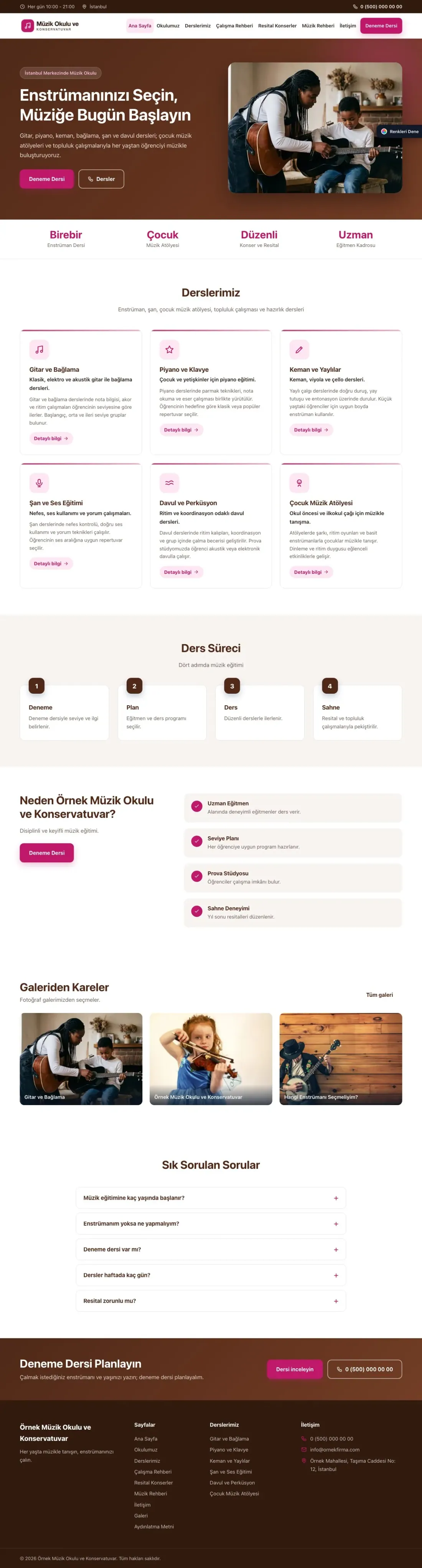 Müzik Okulu ve Konservatuvar için Klasik Kahve Pembe – Müzik Okulu ve Konservatuvar Web Sitesi ana sayfa görünümü