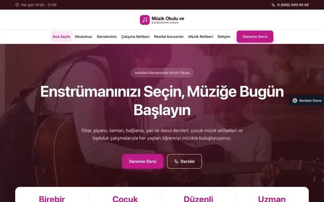Müzik Okulu ve Konservatuvar için Merkez Bordo Pembe – Müzik Okulu ve Konservatuvar Web Sitesi ana sayfa görünümü