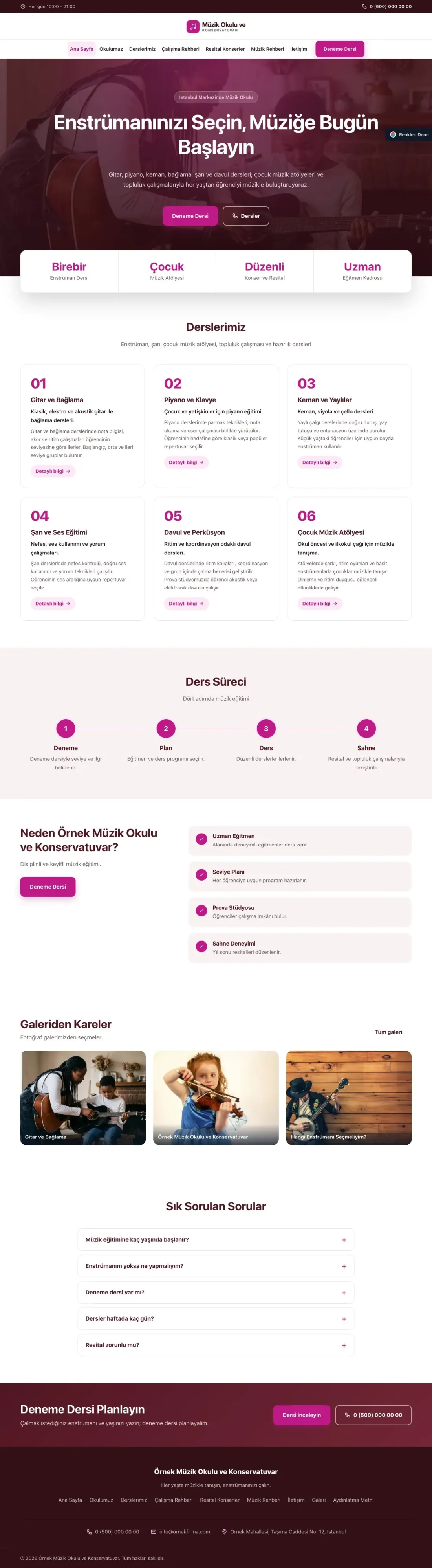 Müzik Okulu ve Konservatuvar için Merkez Bordo Pembe – Müzik Okulu ve Konservatuvar Web Sitesi ana sayfa görünümü