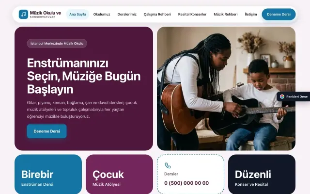 Müzik Okulu ve Konservatuvar için Mozaik Erik Mavi – Müzik Okulu ve Konservatuvar Web Sitesi ana sayfa görünümü