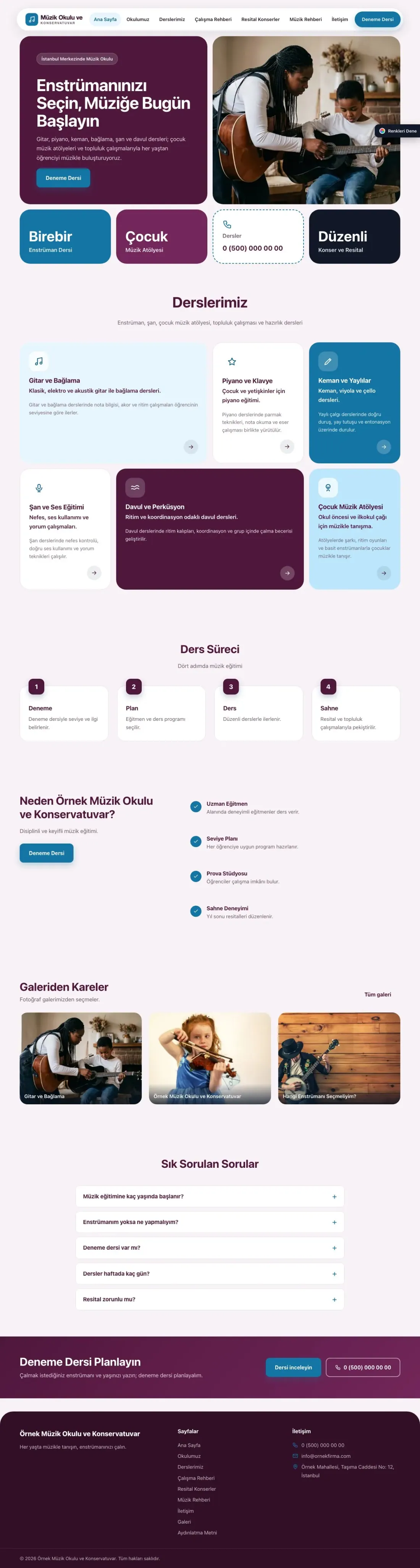 Müzik Okulu ve Konservatuvar için Mozaik Erik Mavi – Müzik Okulu ve Konservatuvar Web Sitesi ana sayfa görünümü