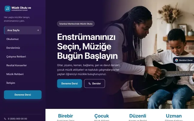 Müzik Okulu ve Konservatuvar için Sol Menü Mor Mavi – Müzik Okulu ve Konservatuvar Web Sitesi ana sayfa görünümü