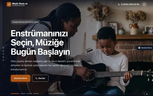 Müzik Okulu ve Konservatuvar için Tam Ekran Erik Turuncu – Müzik Okulu ve Konservatuvar Web Sitesi ana sayfa görünümü