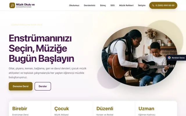 Müzik Okulu ve Konservatuvar için Tek Sayfa Mor Amber – Müzik Okulu ve Konservatuvar Web Sitesi ana sayfa görünümü