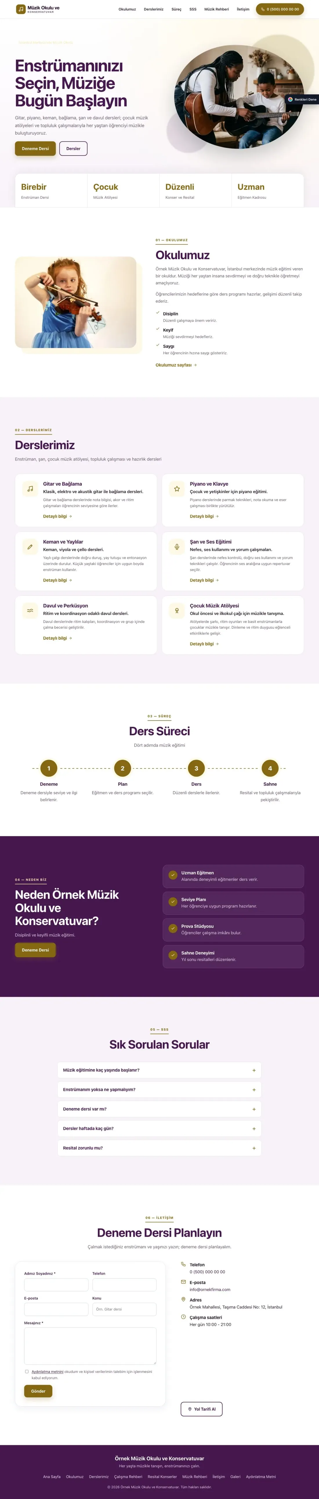 Müzik Okulu ve Konservatuvar için Tek Sayfa Mor Amber – Müzik Okulu ve Konservatuvar Web Sitesi ana sayfa görünümü