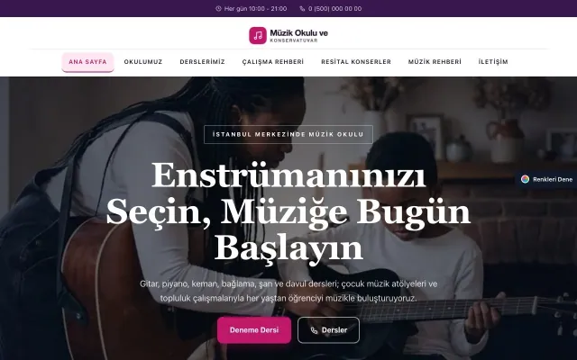 Müzik Okulu ve Konservatuvar için Zigzag Mor Pembe – Müzik Okulu ve Konservatuvar Web Sitesi ana sayfa görünümü
