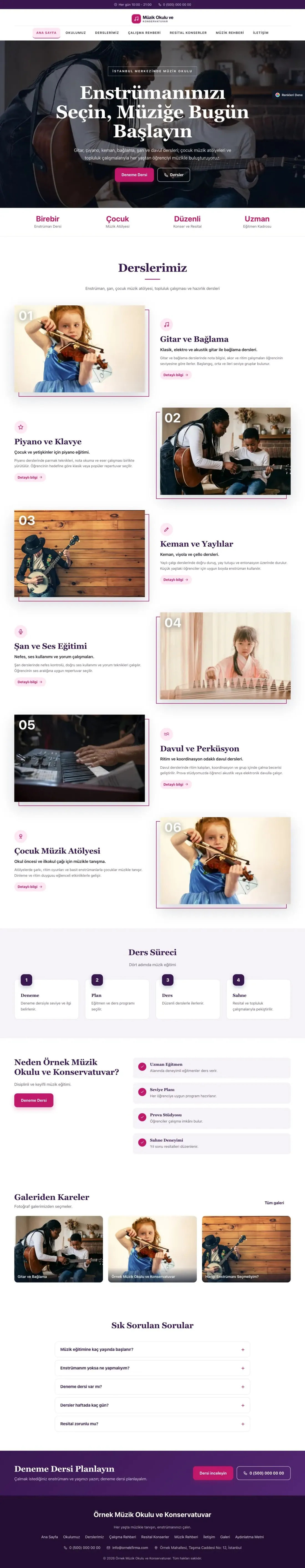 Müzik Okulu ve Konservatuvar için Zigzag Mor Pembe – Müzik Okulu ve Konservatuvar Web Sitesi ana sayfa görünümü