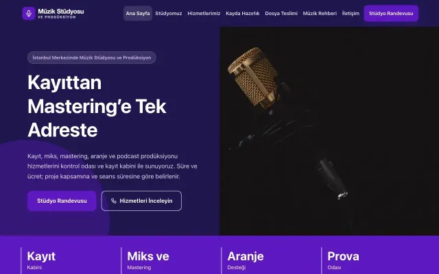 Müzik Stüdyosu ve Prodüksiyon için Blok Lacivert Mor – Müzik Stüdyosu ve Prodüksiyon Web Sitesi ana sayfa görünümü