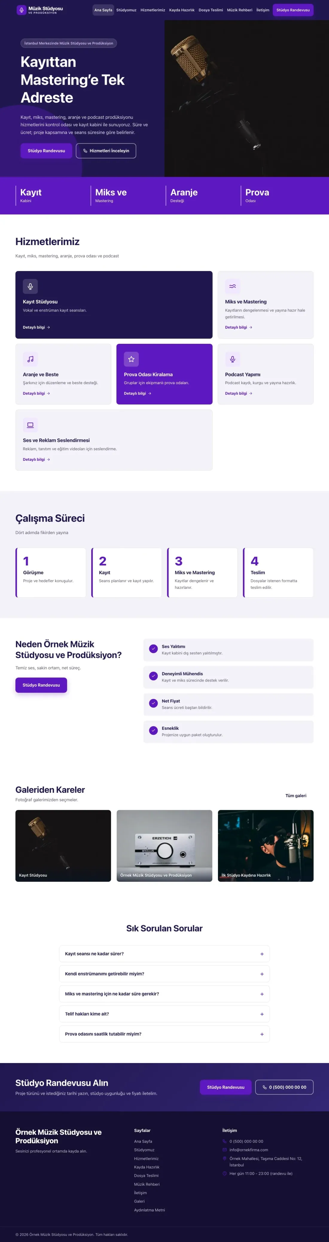 Müzik Stüdyosu ve Prodüksiyon için Blok Lacivert Mor – Müzik Stüdyosu ve Prodüksiyon Web Sitesi ana sayfa görünümü
