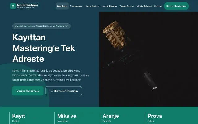 Müzik Stüdyosu ve Prodüksiyon için Blok Mavi Turkuaz – Müzik Stüdyosu ve Prodüksiyon Web Sitesi ana sayfa görünümü