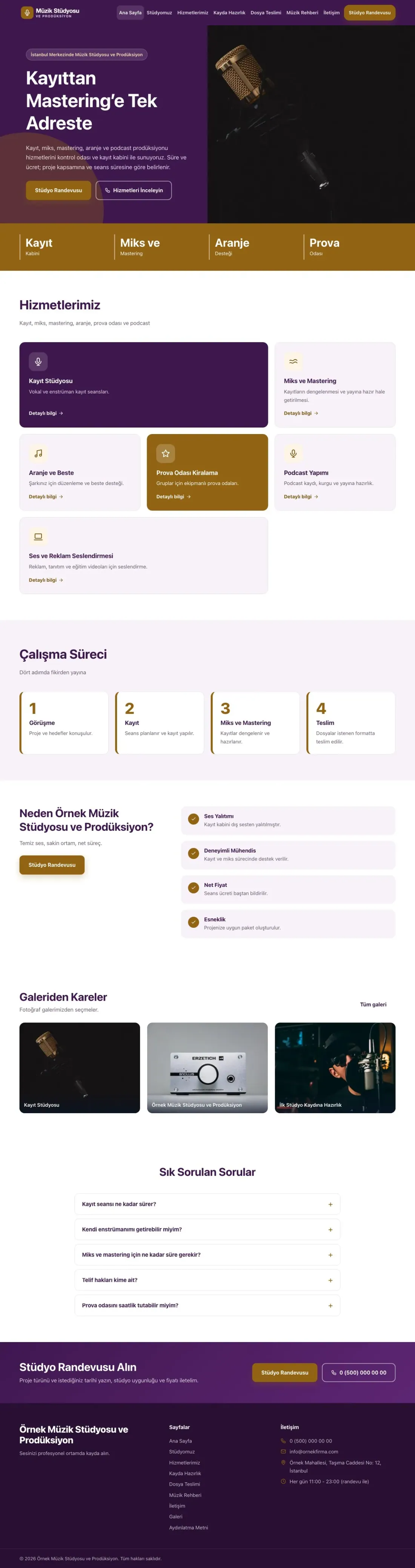 Müzik Stüdyosu ve Prodüksiyon için Blok Mor Turuncu – Müzik Stüdyosu ve Prodüksiyon Web Sitesi ana sayfa görünümü