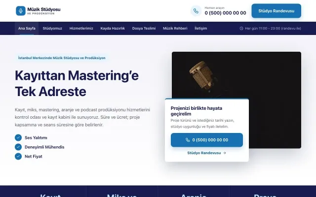 Müzik Stüdyosu ve Prodüksiyon için Bölünmüş Lacivert Mavi – Müzik Stüdyosu ve Prodüksiyon Web Sitesi ana sayfa görünümü