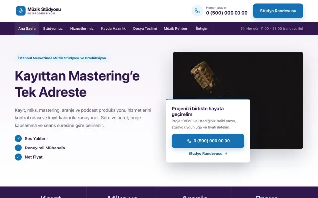 Müzik Stüdyosu ve Prodüksiyon için Bölünmüş Mor Mavi – Müzik Stüdyosu ve Prodüksiyon Web Sitesi ana sayfa görünümü