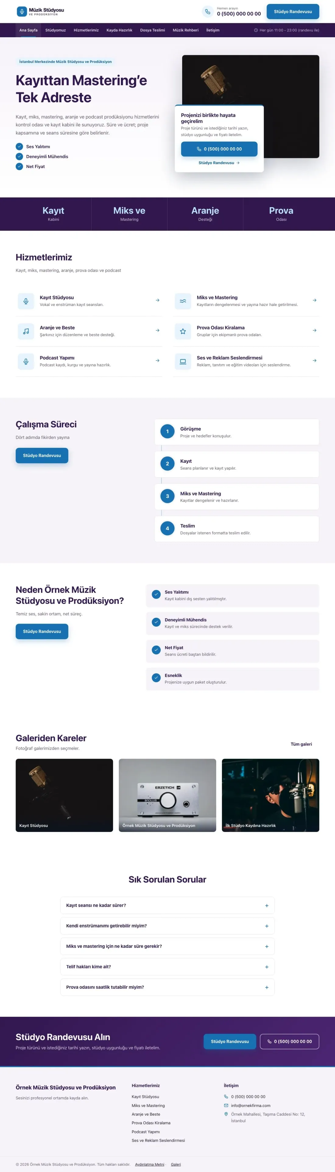 Müzik Stüdyosu ve Prodüksiyon için Bölünmüş Mor Mavi – Müzik Stüdyosu ve Prodüksiyon Web Sitesi ana sayfa görünümü