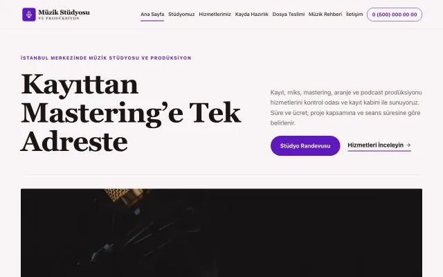 Müzik Stüdyosu ve Prodüksiyon için Dergi Editoryal Bordo Mor – Müzik Stüdyosu ve Prodüksiyon Web Sitesi ana sayfa görünümü