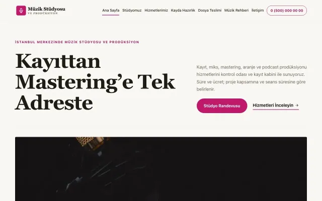 Müzik Stüdyosu ve Prodüksiyon için Dergi Editoryal Kahve Pembe – Müzik Stüdyosu ve Prodüksiyon Web Sitesi ana sayfa görünümü