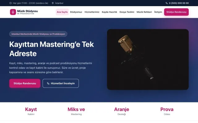 Müzik Stüdyosu ve Prodüksiyon için Klasik Mavi Pembe – Müzik Stüdyosu ve Prodüksiyon Web Sitesi ana sayfa görünümü