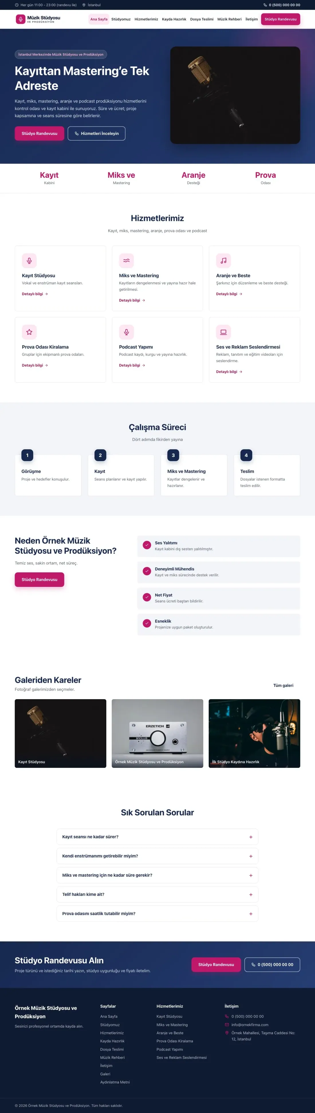 Müzik Stüdyosu ve Prodüksiyon için Klasik Mavi Pembe – Müzik Stüdyosu ve Prodüksiyon Web Sitesi ana sayfa görünümü